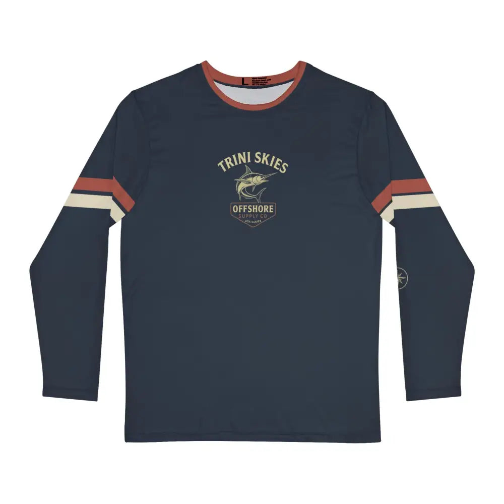 Navy blue long-sleeve offshore fishing shirt with marlin graphic, Trini Skies Supply