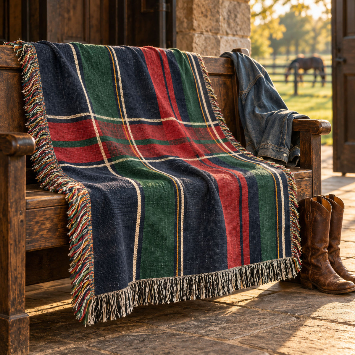Navy Nantucket plaid woven cotton throw draped over a wooden bench in a stone barn with riding boots and a paddock view