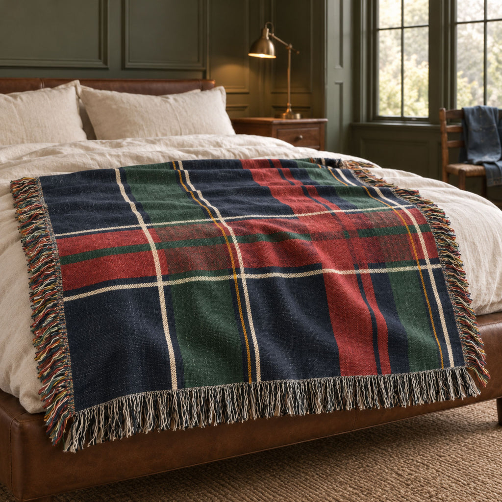 Navy, hunter green and red plaid woven throw across a bed in a dark paneled bedroom with ivory pillows and lamplight
