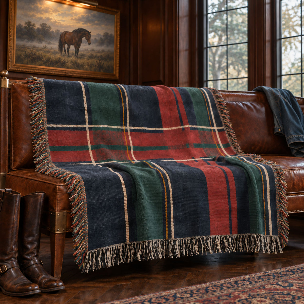 Nantucket plaid navy woven cotton throw over a leather sofa beneath a horse painting in a wood-paneled lodge room