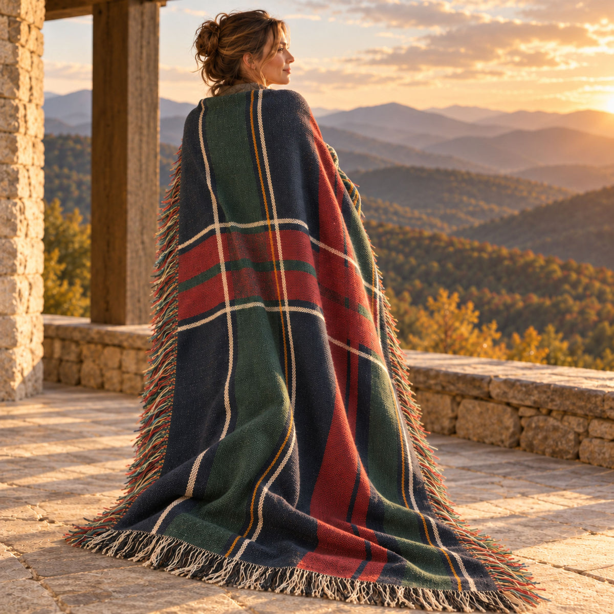 Woman wrapped in a navy plaid woven cotton throw on a stone terrace above the mountains at golden hour