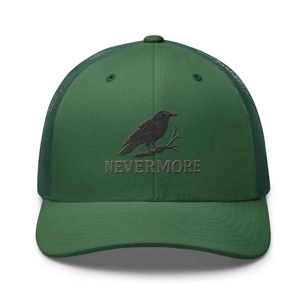Nevermore embroidered trucker hat with Edgar Allan Poe raven perched