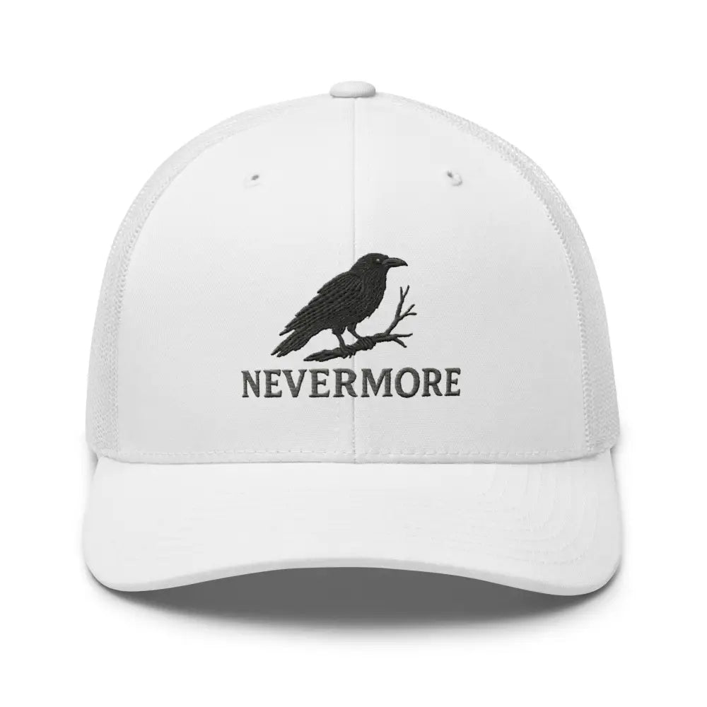 Nevermore embroidered trucker cap with Edgar Allan Poe raven perched