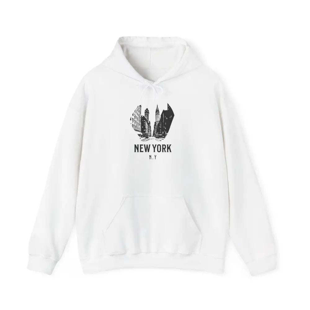 White polyester blend hoodie with black New York Cityscape graphic