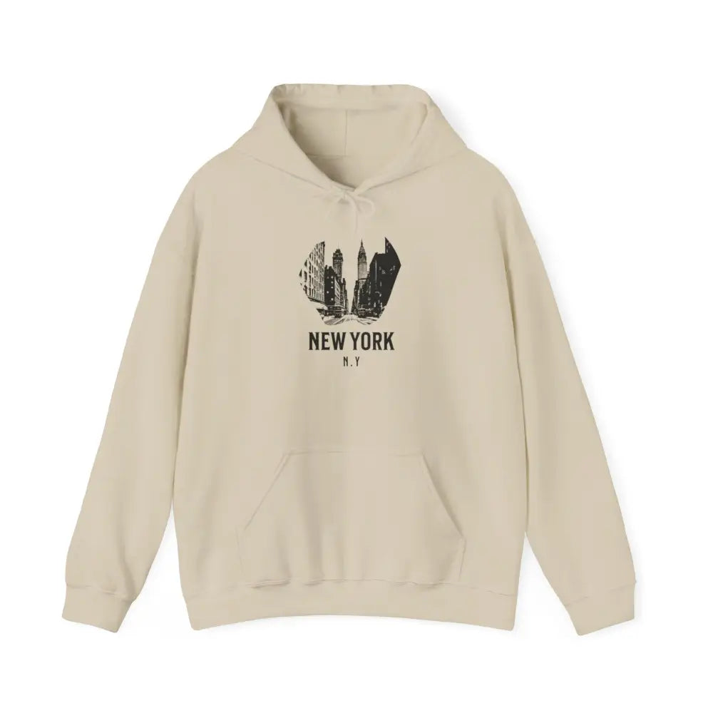 Beige oversized polyester blend hoodie with New York cityscape graphic
