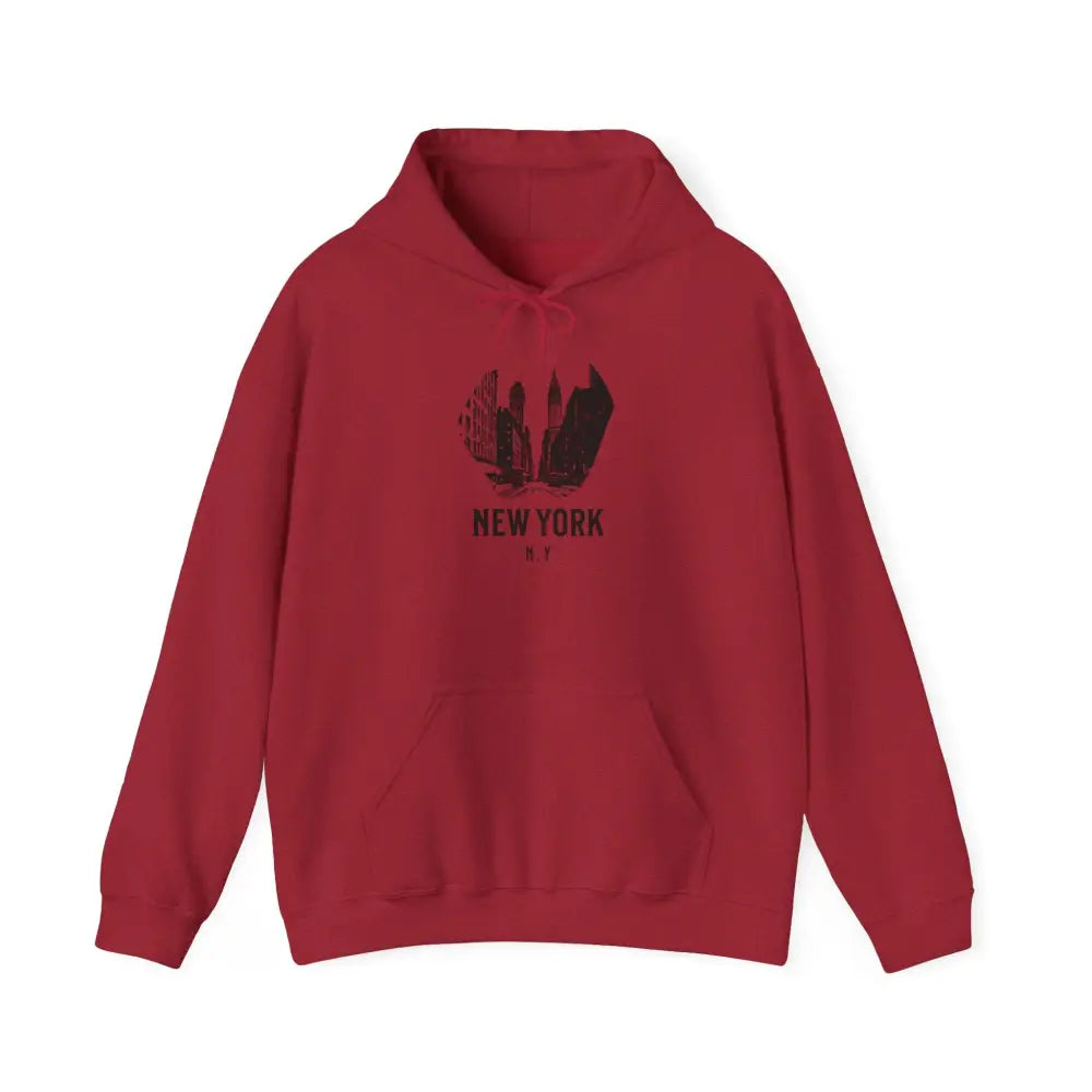 Red polyester blend hoodie with New York City skyline graphic