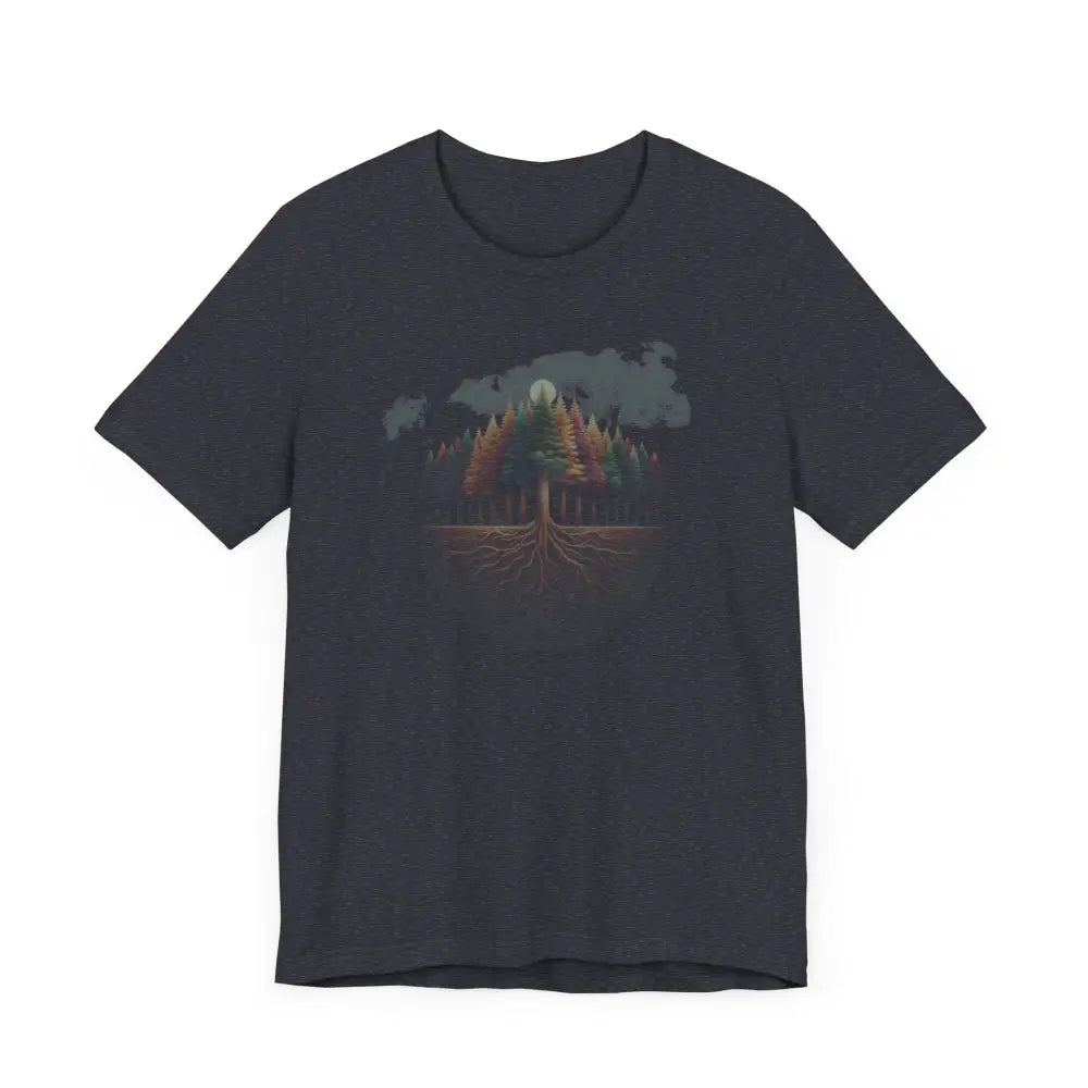 Enchanted forest tee with dark grey cotton, colorful tree roots graphic
