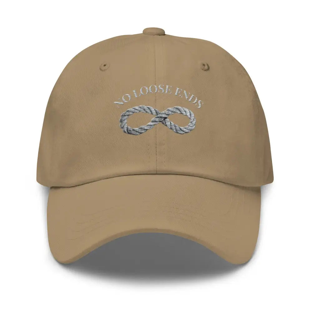 Tan baseball cap with nautical infinity rope embroidery and No Loose Ends