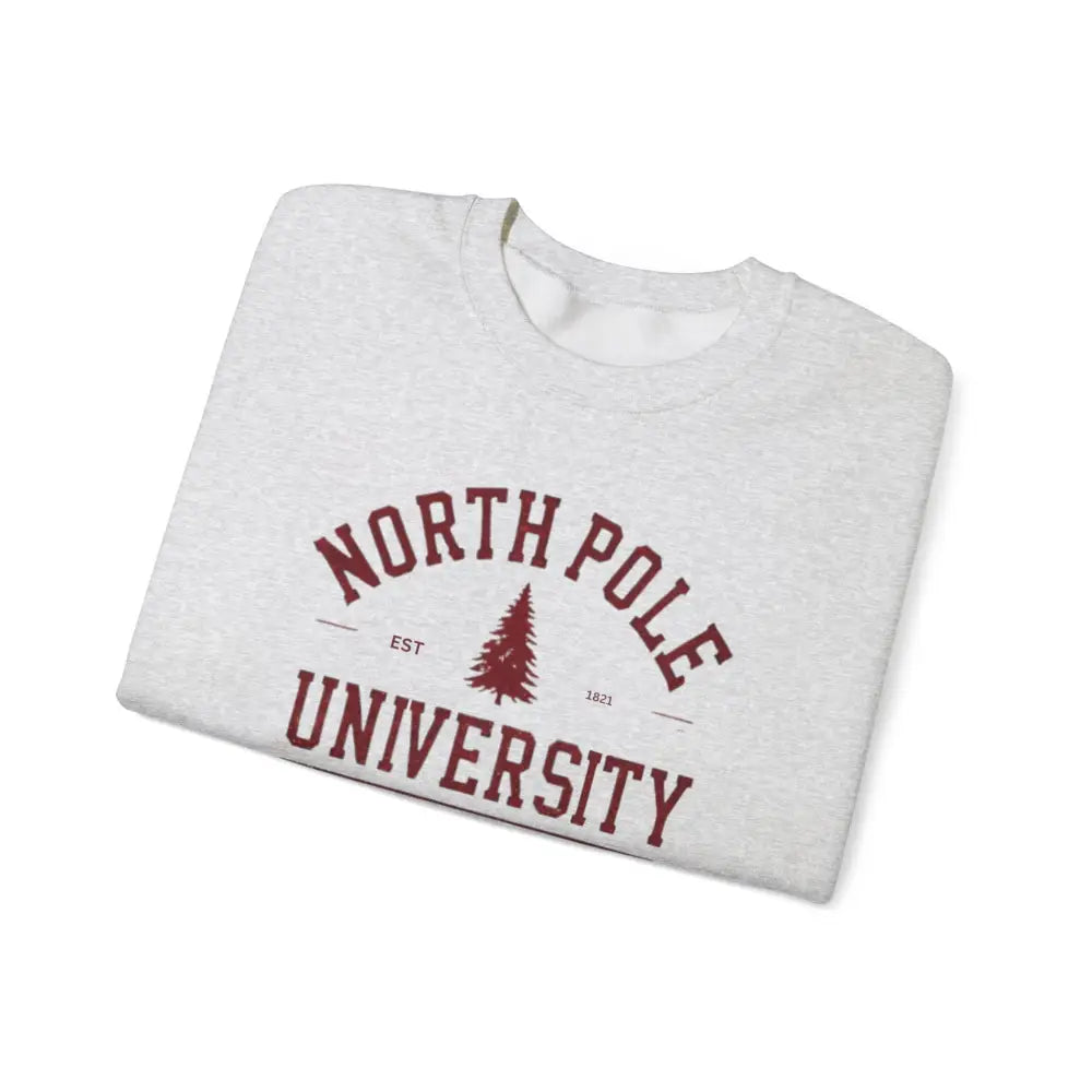 Folded light grey North Pole University graphic varsity Christmas sweatshirt