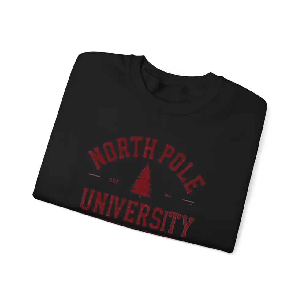 Folded black t-shirt with North Pole University graphic for Christmas