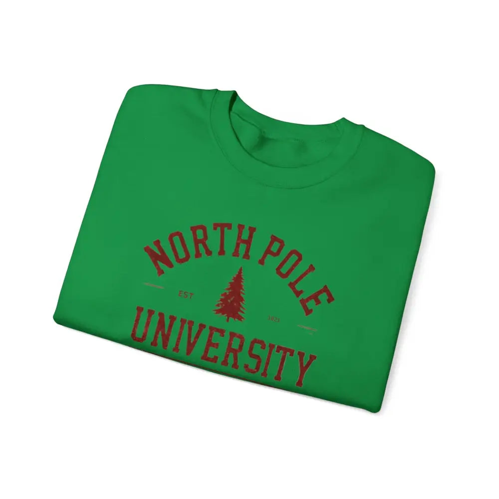 Folded green short-sleeved North Pole University graphic t-shirt