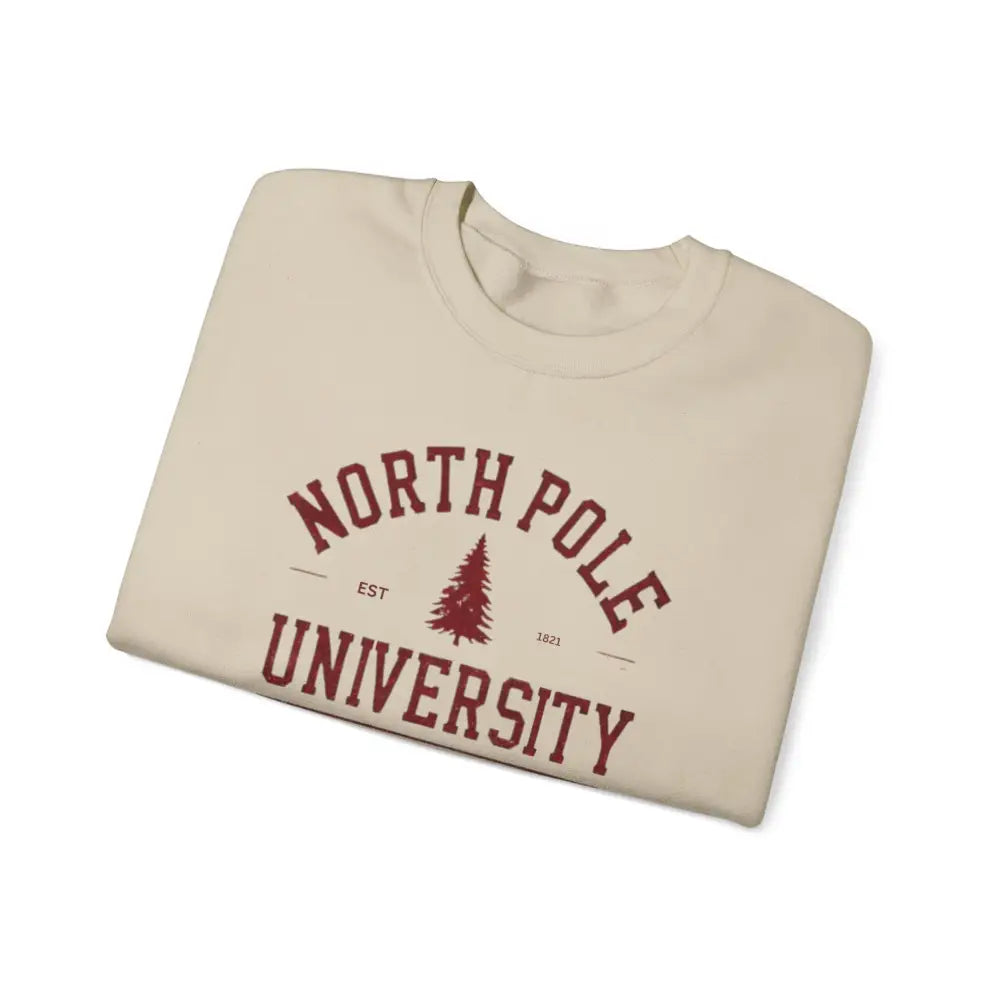 North Pole University graphic varsity Christmas sweatshirt folded