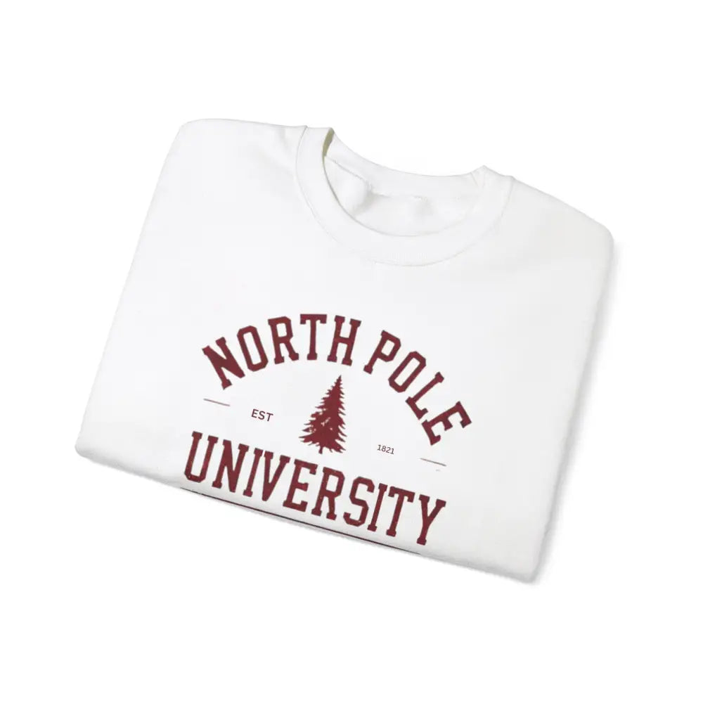 White long-sleeved North Pole University graphic Christmas sweatshirt