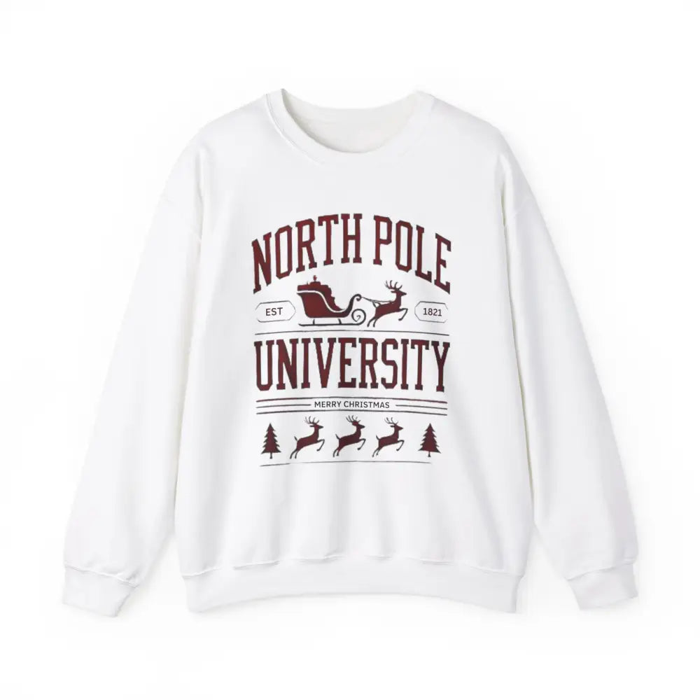 White North Pole University graphic sweatshirt with holiday print