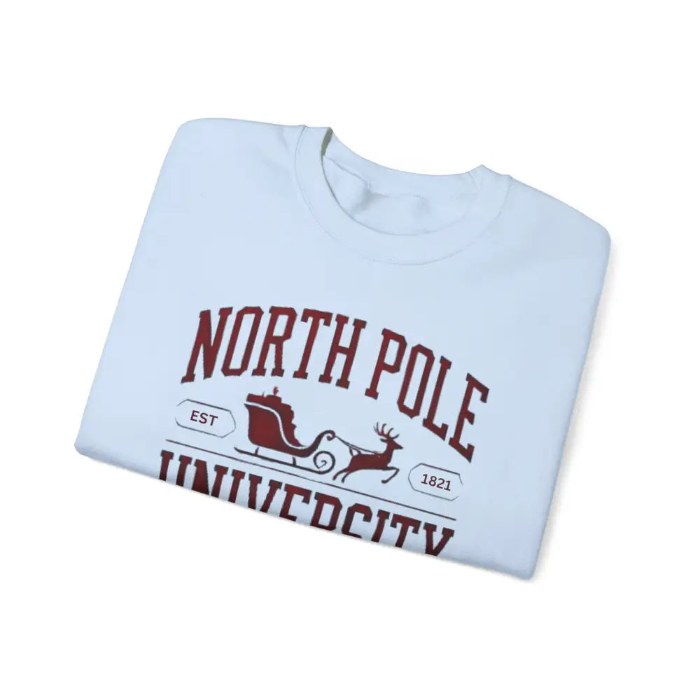 North Pole University graphic on white t-shirt