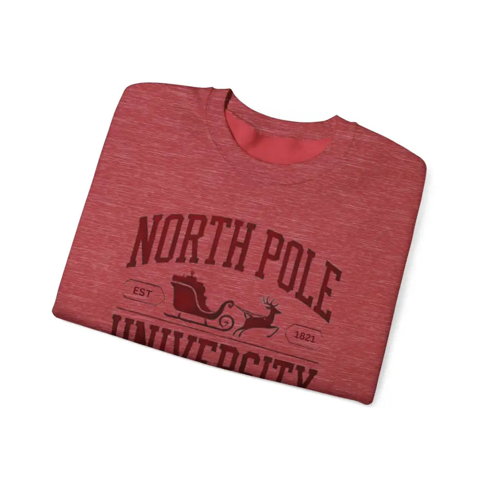 Folded red North Pole University graphic t-shirt for Christmas holidays