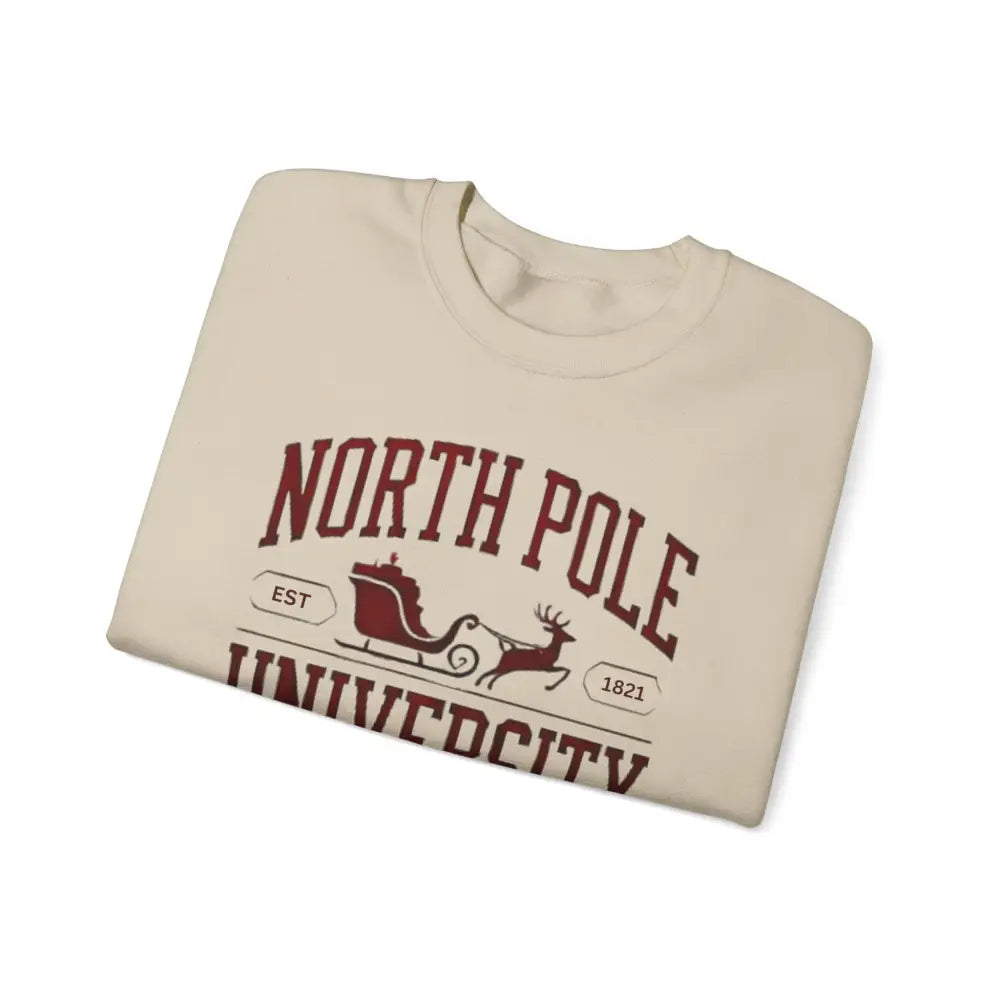 Folded beige North Pole University graphic sweatshirt