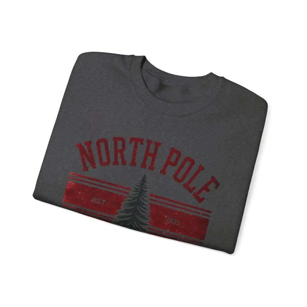 North Pole University graphic varsity Christmas t-shirt with red pine tree