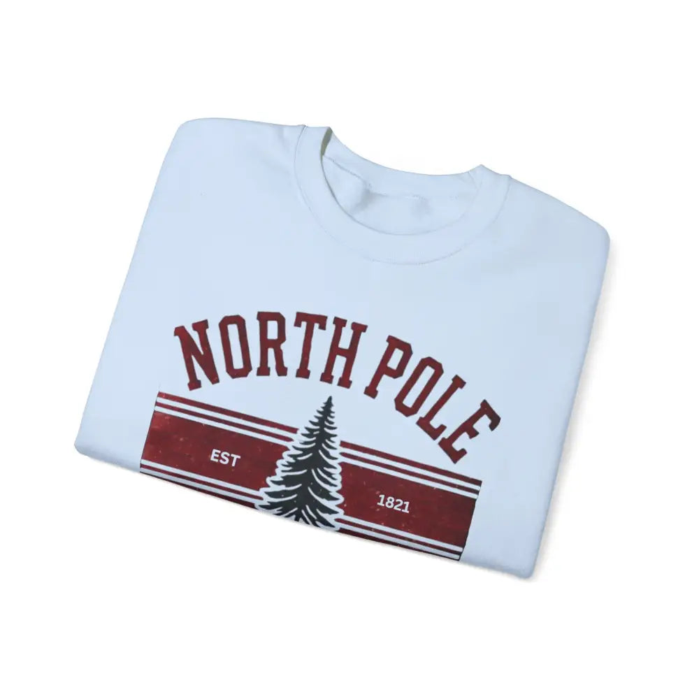 North Pole University graphic varsity Christmas t-shirt with pine tree