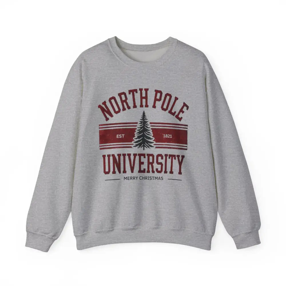 Heather gray North Pole University graphic varsity Christmas sweatshirt