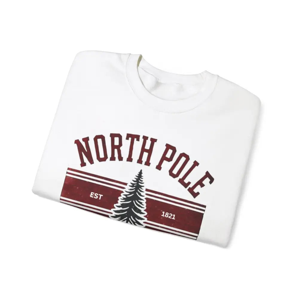 White North Pole University graphic varsity Christmas sweatshirt with distressed maroon North Pole EST 1821 pine tree design