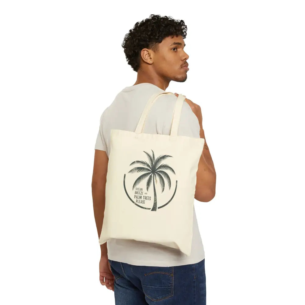 Ocean Breeze palm trees cotton canvas tote in cream with palm tree graphic