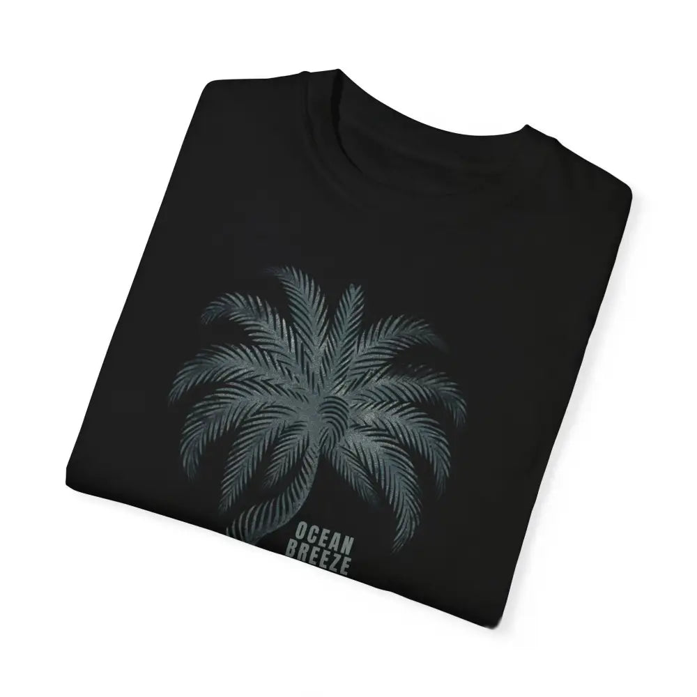 Black short-sleeved ring-spun cotton tee with gray palm tree graphic