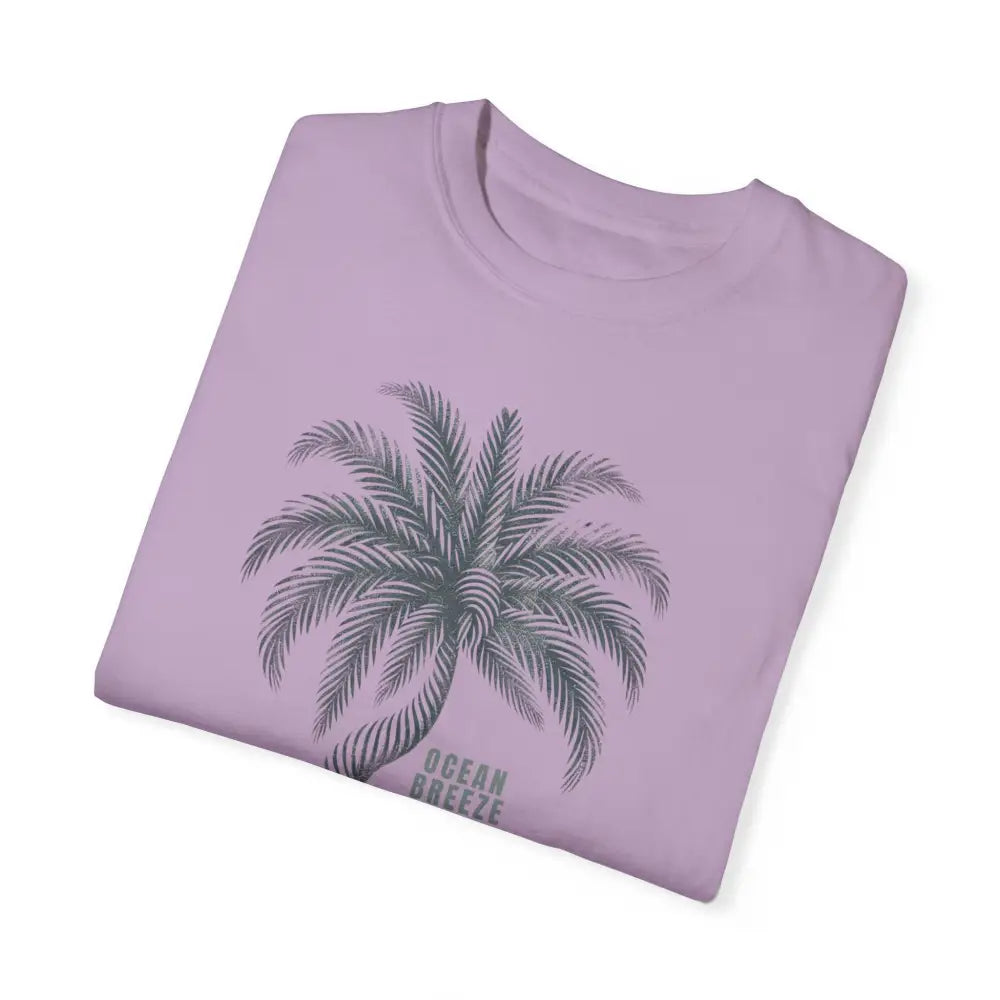 Folded light purple ring-spun cotton t-shirt with grey palm tree graphic