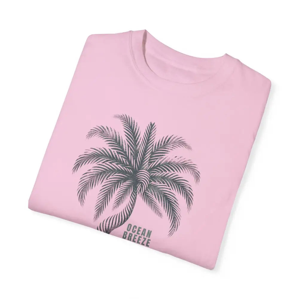 Pink ring-spun cotton t-shirt with palm tree graphic