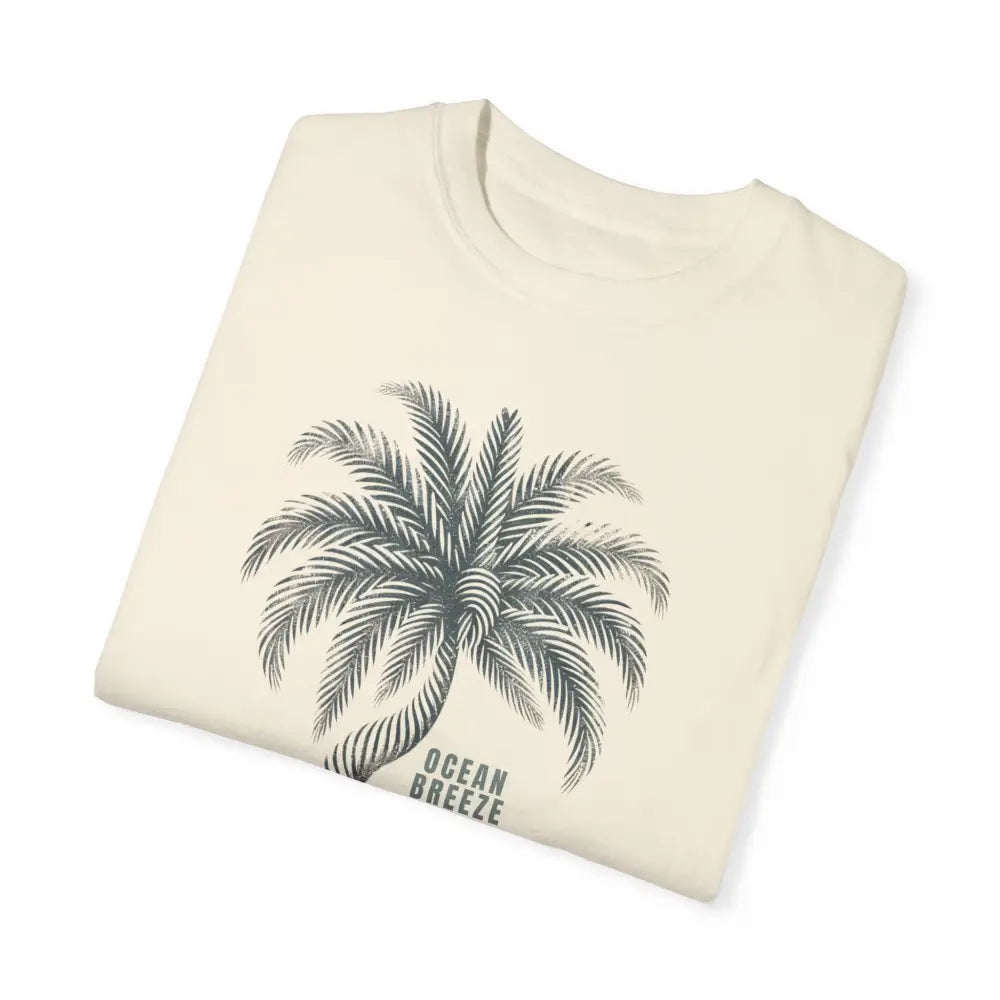 Cream-colored ring-spun cotton T-shirt with grey palm tree graphic