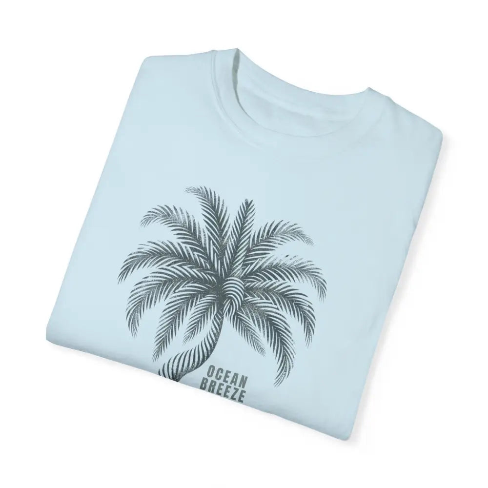 Light blue ring-spun cotton t-shirt with gray palm tree graphic