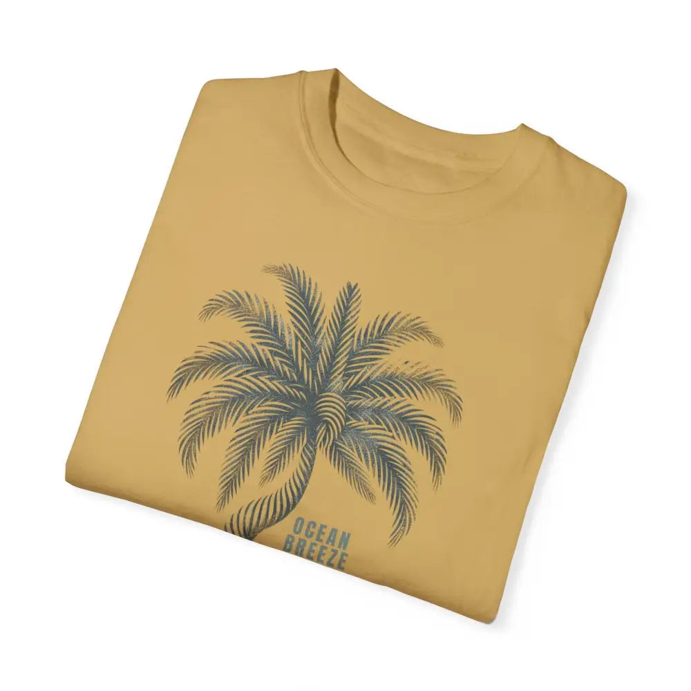 Mustard yellow ring-spun cotton t-shirt with gray palm tree graphic