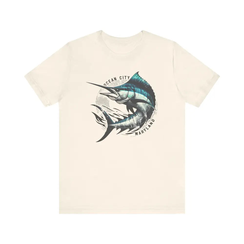 Great Marlin Unisex off-white t-shirt with blue marlin graphic