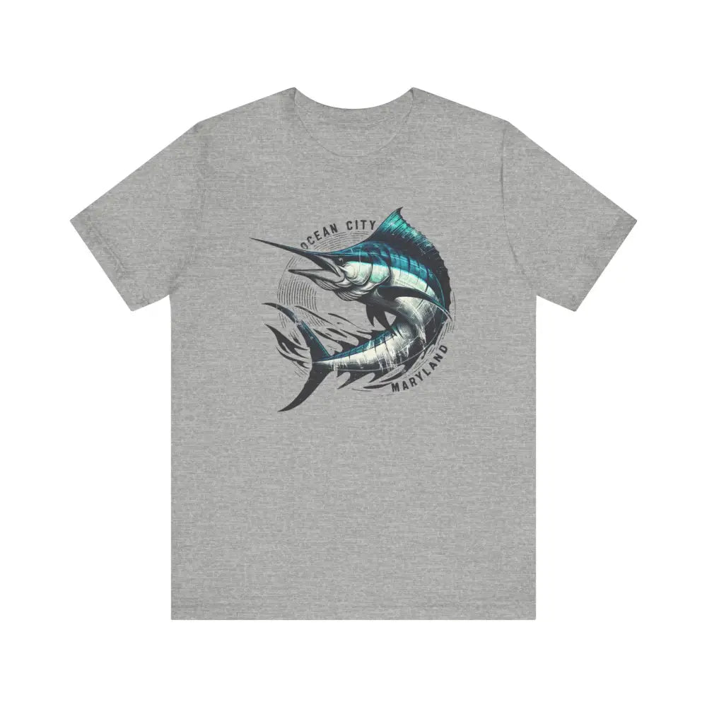 Great Marlin Unisex grey t-shirt with blue marlin and Ocean City Maryland text