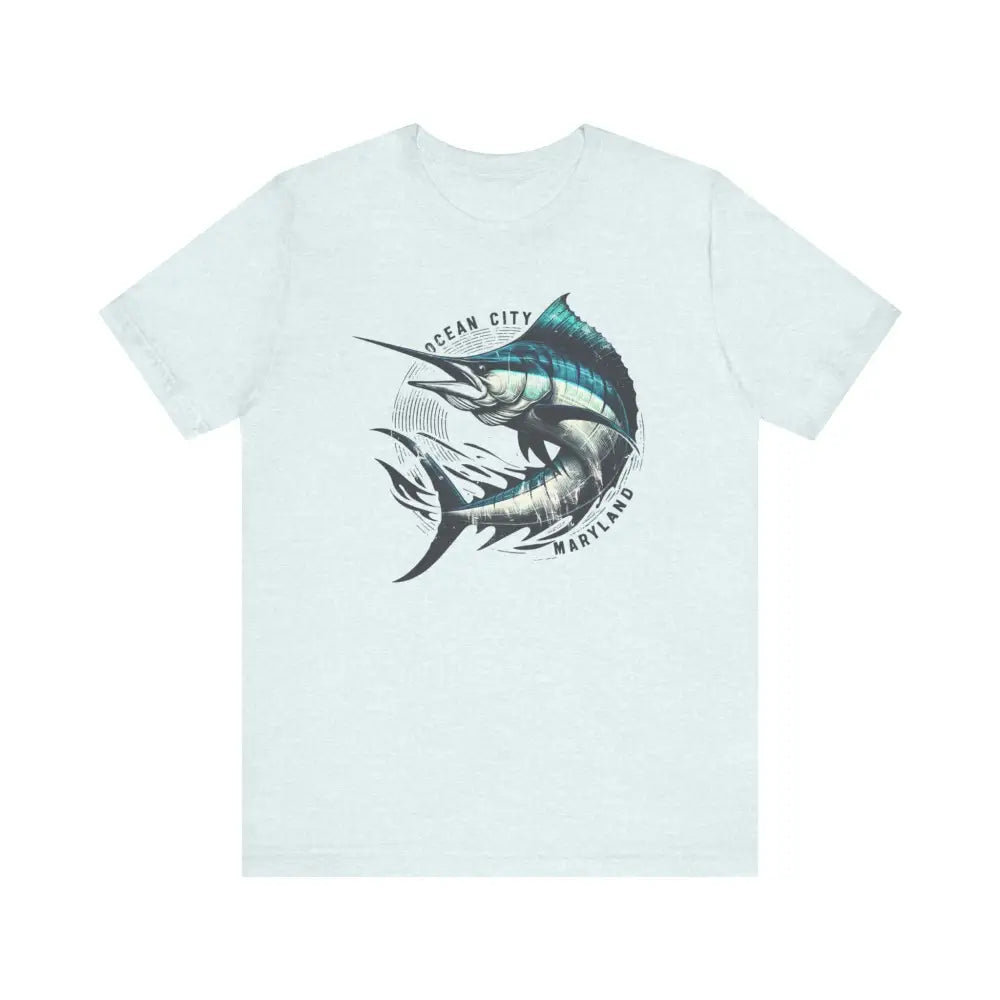 Great Marlin Unisex light blue tee with marlin graphic and Ocean City Maryland text