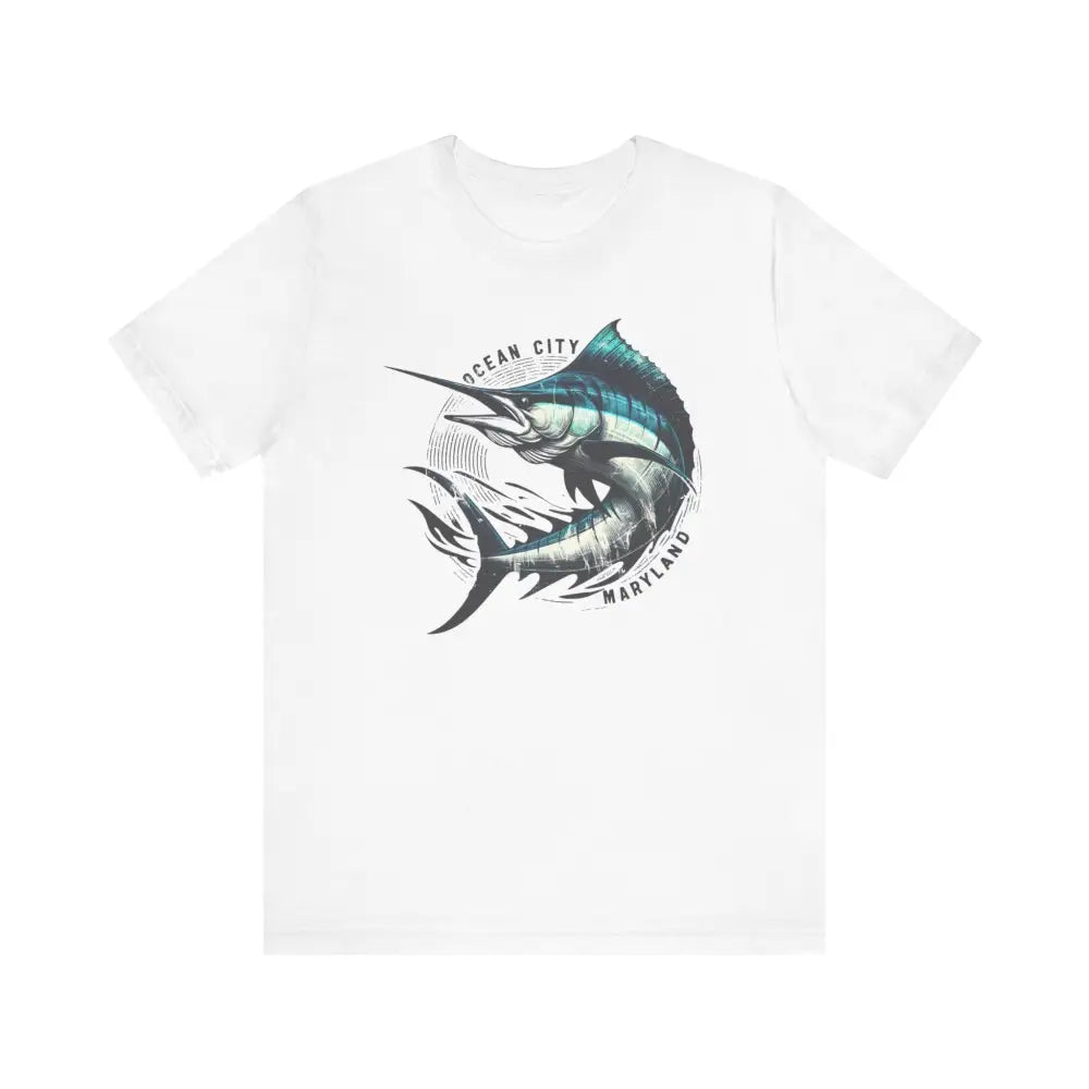 Great Marlin Unisex white tee with marlin graphic and Ocean City Maryland text