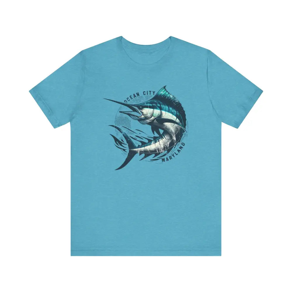Great Marlin Unisex light blue tee with Ocean City Maryland marlin graphic