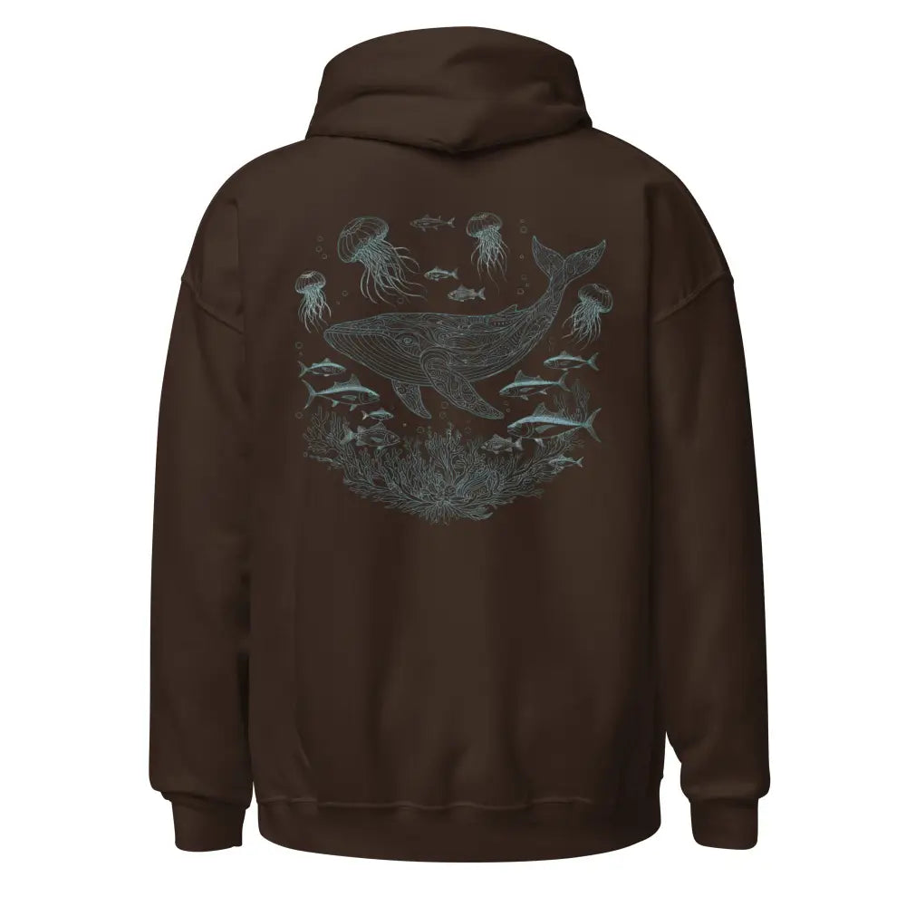 Brown whale shark hoodie with black sea creature graphic on back