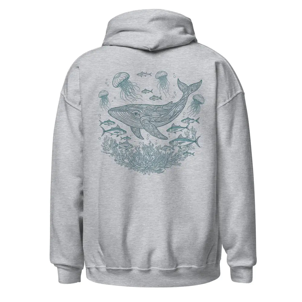 Heather gray whale shark hoodie with ethereal ocean life line art