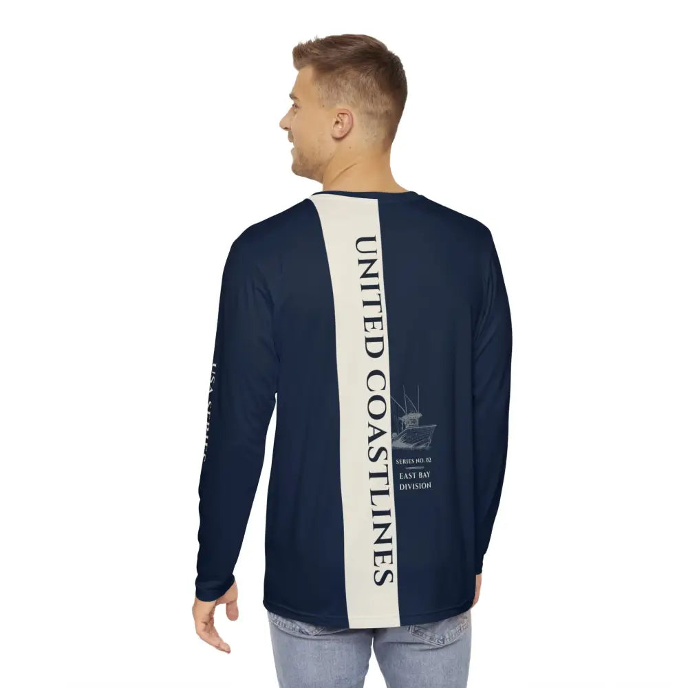 Trini Skies navy long-sleeve fishing shirt with cream back stripe