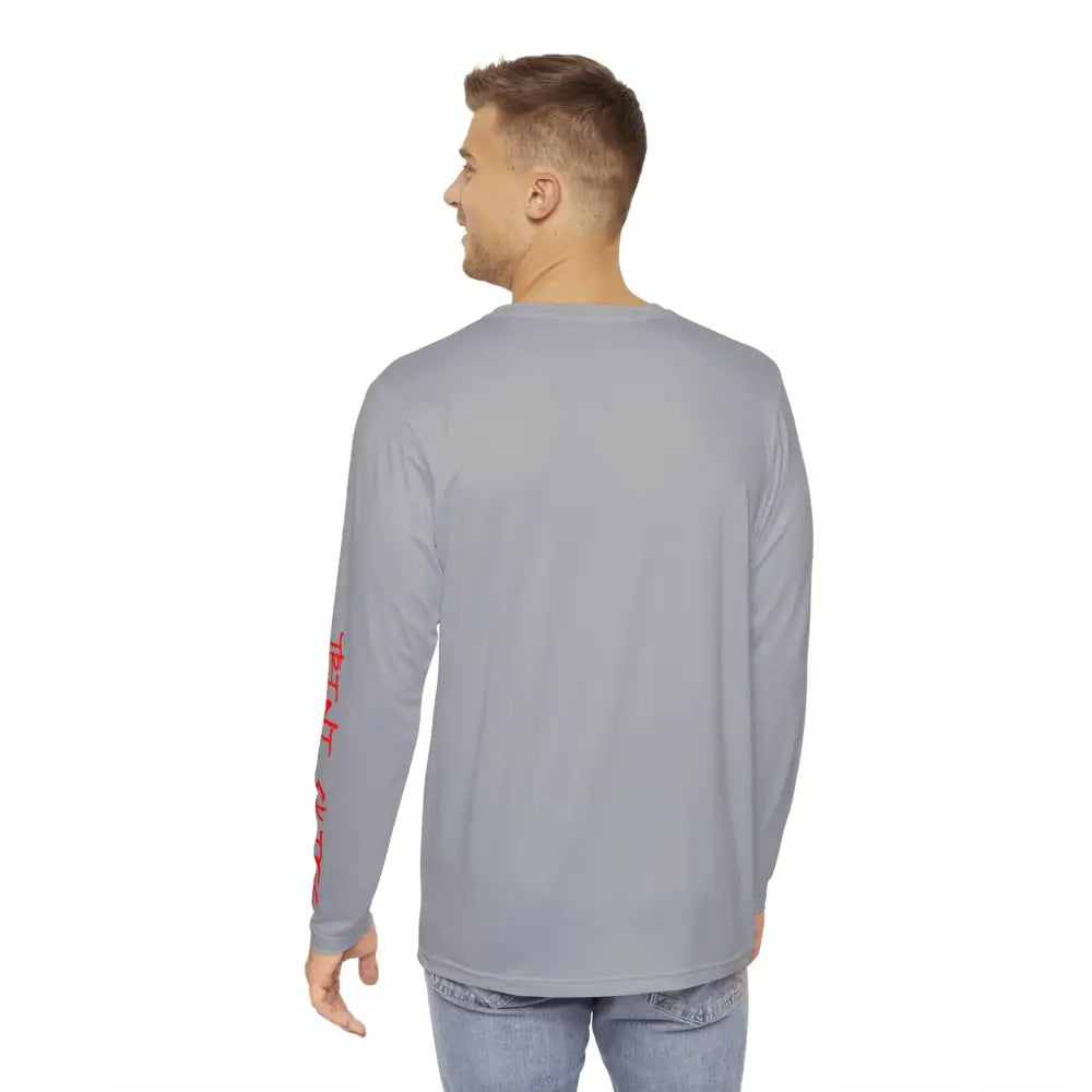 Grey offshore tuna fishing long sleeve tee flat lay – unisex saltwater angler graphic shirt