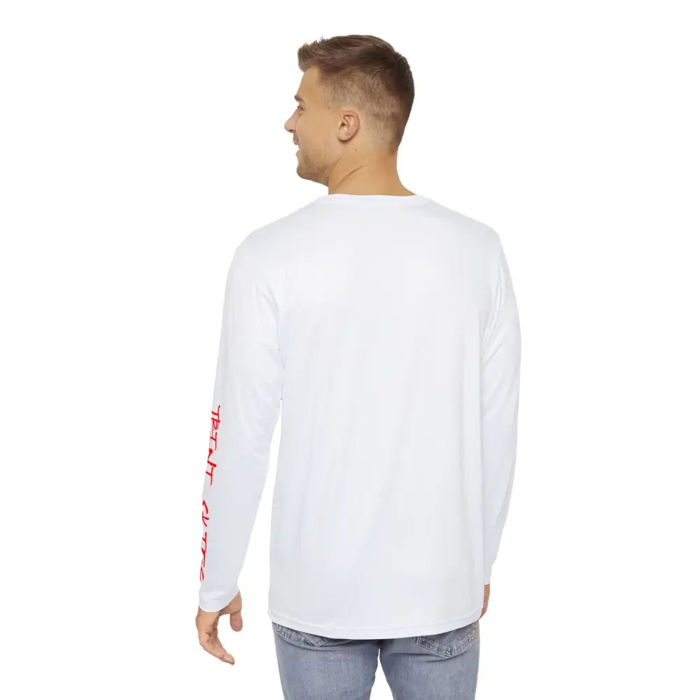 White offshore tuna fishing long sleeve tee flat lay – unisex saltwater angler graphic shirt