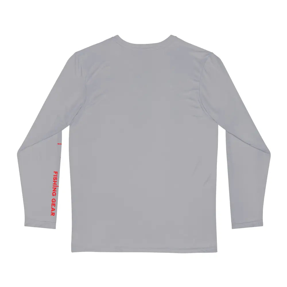 Light grey offshore tuna fishing long sleeve tee with red sleeve text – angler shirt