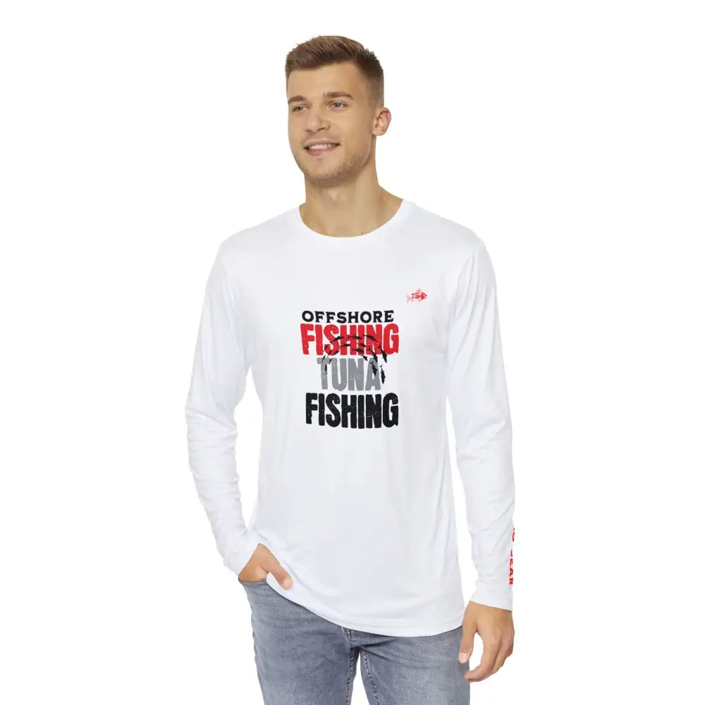 White offshore tuna fishing long sleeve graphic tee on model – saltwater angler shirt