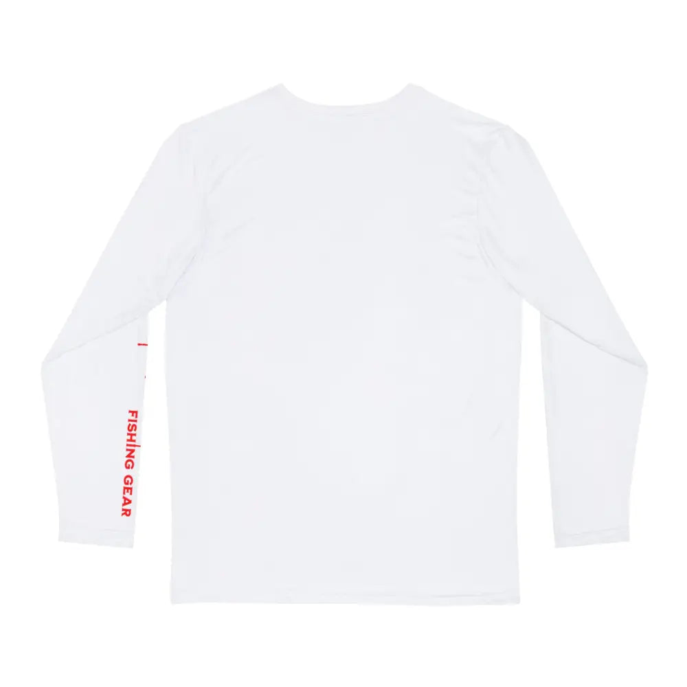 White offshore tuna fishing long sleeve tee with red sleeve text – angler graphic shirt
