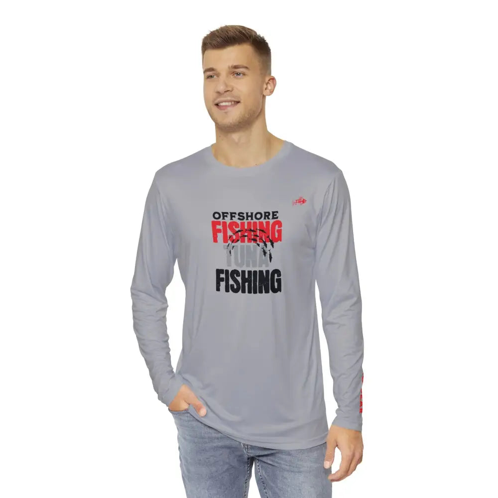 Grey offshore tuna fishing long sleeve graphic tee on model – saltwater angler shirt