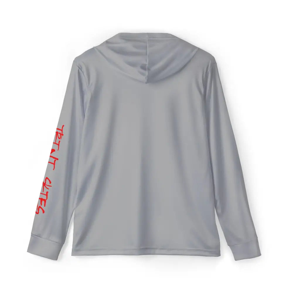 Grey offshore tuna fishing performance hoodie with red sleeve text – angler long sleeve