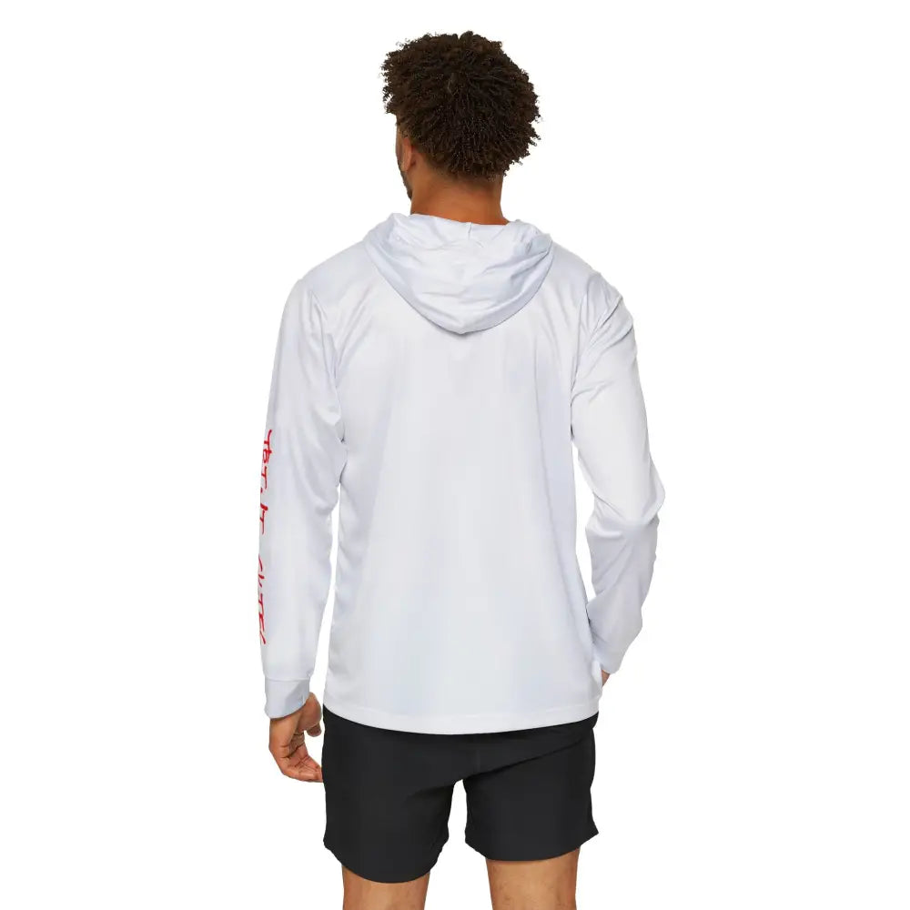 White offshore tuna fishing performance hoodie flat lay – unisex UV protection angler shirt