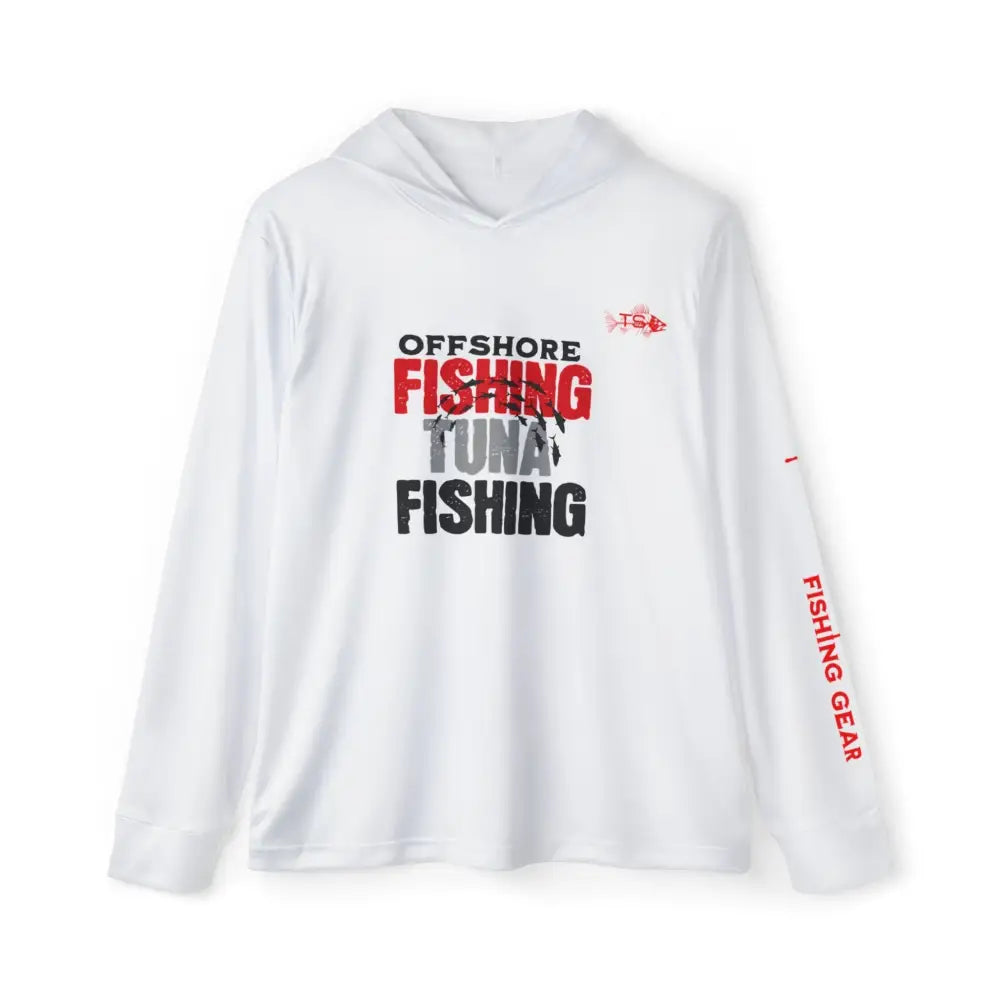 White offshore tuna fishing performance hoodie – unisex long sleeve UV protection fishing shirt