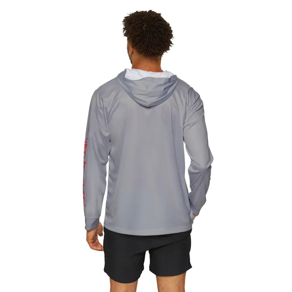 Grey offshore tuna fishing performance hoodie flat lay – unisex long sleeve angler shirt